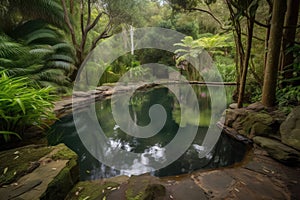 peaceful forest oasis, with gentle waterfall and reflection pool