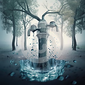 A peaceful forest scene with a blurred background, featuring a two dripping faucets on a tree