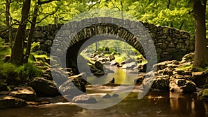 A peaceful forest scene with a stone bridge over a gently flowing stream and a wooden pathway, An old stone bridge over a quiet