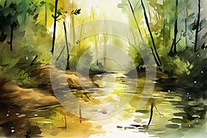 peaceful forest stream, with watercolor swirls and reflections