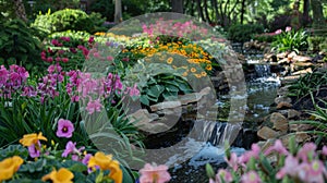 A peaceful garden filled with colorful flowers and a trickling stream offering a tranquil setting for restful slumber photo