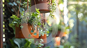 A peaceful garden with hanging planters made from handsewn leather adding a touch of beauty to the tranquil sights and photo