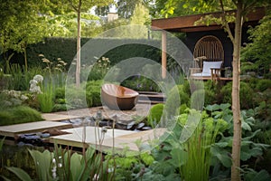 peaceful garden with meditation bench and tranquil water feature