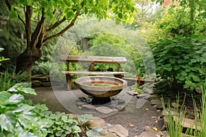 peaceful garden with meditation bench and tranquil water feature