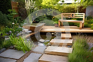 peaceful garden with meditation bench and tranquil water feature
