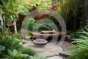 peaceful garden with meditation bench and tranquil water feature