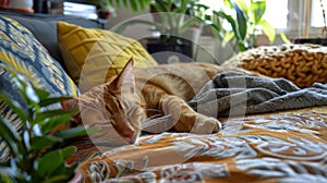 Peaceful ginger cat asleep on a vibrant cushion, cozy among houseplants and warm throws.