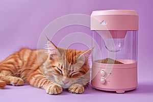 Peaceful ginger cat sleeping next to a modern automatic feeder