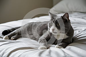 A peaceful gray and white tabby cat peacefully lounging on a white bedspread in contemplation