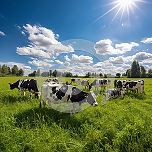 Peaceful Grazing: Holstein Cows Enjoying a Sunny Afternoon on a Lush Green Pasture