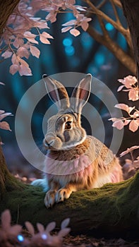 Peaceful hare below softly glowing tree