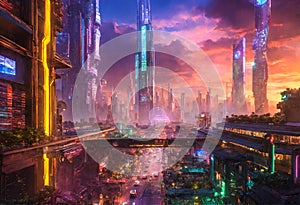 Peaceful high-tech futuristic large city in evening light