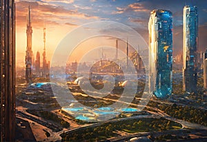 Peaceful high-tech futuristic large city in evening light