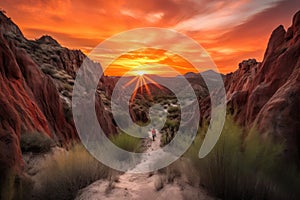 peaceful hike through fiery canyon with stunning sunset in the background