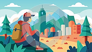 A peaceful hiker pausing to take in the chaos of a bustling cityscape.. Vector illustration. photo