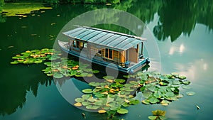 A peaceful house boat glides effortlessly atop a serene lake teeming with vibrant lily pads, A floating houseboat calmly nestled