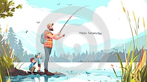A peaceful illustration showcasing a father and his kids enjoying a fishing trip against a backdrop of a tranquil lake