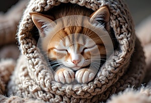 Sleeping Kitten Wrapped In Knitted Blanket Creating Warm Cozy Feeling