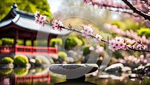 A peaceful Japanese garden with cherry blossoms