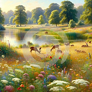 A peaceful lakeside meadow with wildflowers and grazing wildlife. landscape, Nature painting, Generative Ai
