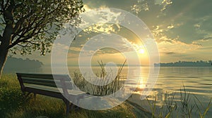 Peaceful Lakeside Sunrise with Secluded Bench photo