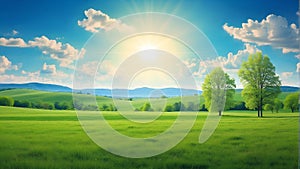 A peaceful landscape with green grass and a blue sun-drenched sky.