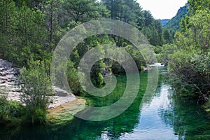 Peaceful landscape with river and green forest. Peralejos de las Truchas photo