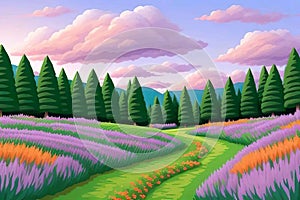 Peaceful landscape during sunrise or sunset with a meadow, mountains, trees, and flowers under a sky with clouds. AI Generated