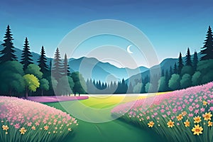 Peaceful landscape during sunrise or sunset with a meadow, mountains, trees, and flowers under a sky with clouds. AI Generated