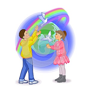 Peaceful life illustration. A girl and a boy release white doves into the sky against the backdrop of a large globe.
