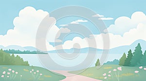 A peaceful, light cartoon-like illustration of a hiking trail with trees and a lake