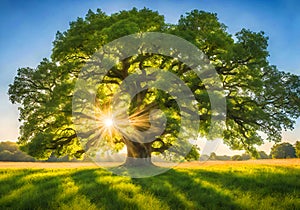 Peaceful magical ancient tree in a field.