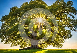 Peaceful magical ancient tree in a field.