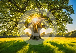 Peaceful magical ancient tree in a field.