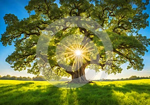 Peaceful magical ancient tree in a field.