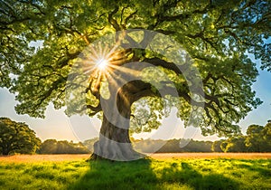 Peaceful magical ancient tree in a field.