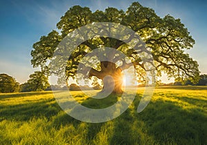 Peaceful magical ancient tree in a field.