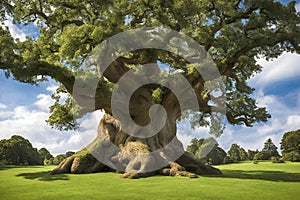 Peaceful magical ancient tree in a field.