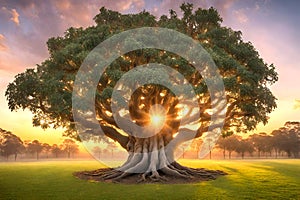 Peaceful magical ancient tree in a field.