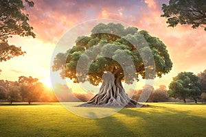 Peaceful magical ancient tree in a field.