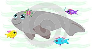 Peaceful Manatee with Friendly Fish