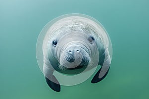 Tranquil manatee floating against plain background