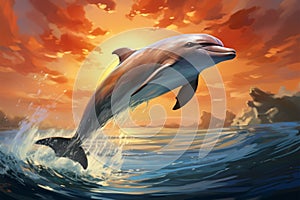 A peaceful marine scene dolphins gracefully glide in the tranquil sky and sea