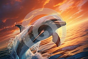 A peaceful marine scene dolphins gracefully glide in the tranquil sky and sea