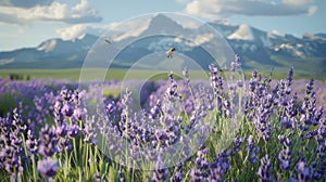 A peaceful meadow filled with blooming lavender plants stretches out before a mountain range in the distance. Honeybees