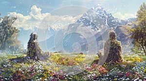 In a peaceful meadow two elemental guardians one representing earth and the other air sit in silent contemplation. As