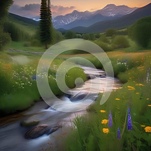 A peaceful meadow with wildflowers, a winding stream, and a view of distant mountains Serene and picturesque natural landscape4