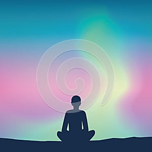 Peaceful mediating person on aurora borealis sky background