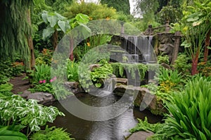 peaceful meditation garden with cascading spring waterfalls and greenery