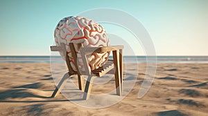 Peaceful Mind, brain on deck chair at beach